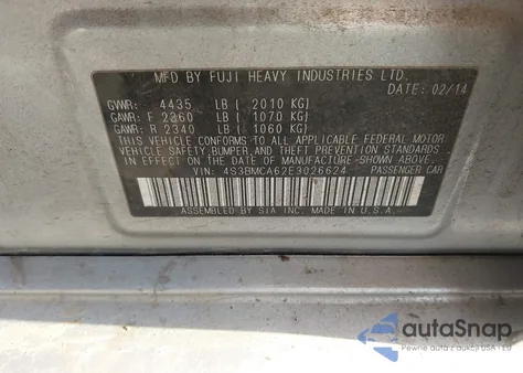 2014 Subaru Legacy 2.5I from USA, damaged, VIN 4S3BMCA62E3026624